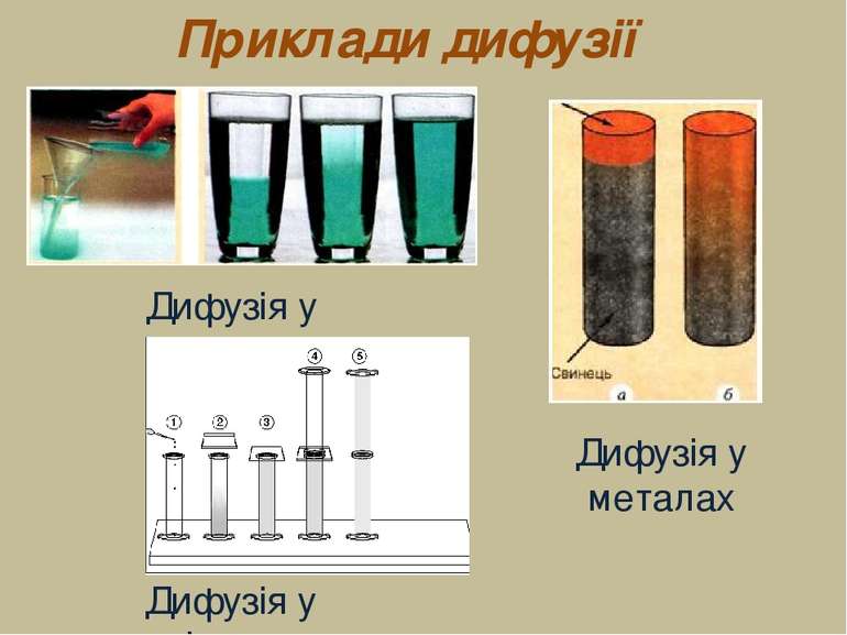 Приклади дифузії Дифузія у рідинах Дифузія у рідинах Дифузія у металах