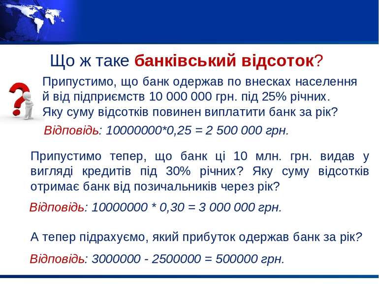 Що ж таке банківський відсоток? Відповідь: 10000000*0,25 = 2 500 000 грн. При...