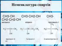 Номенклатура спиртів СН3-ОН   СН3-СН2-ОН   СН3-СН2-СН2-ОН метанол         ета...