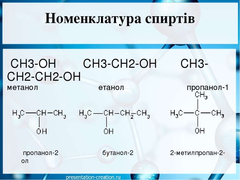 Номенклатура спиртів СН3-ОН   СН3-СН2-ОН   СН3-СН2-СН2-ОН метанол         ета...