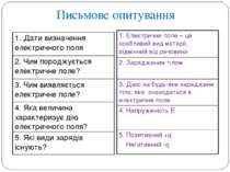 Письмове опитування 1. Дати визначення електричного поля 2. Чим породжується ...