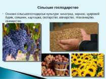 Основні сільськогосподарські культури: виноград, зернові, цукровий буряк, соя...