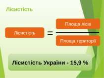 Лісистість Лісистість Площа лісів Площа території = Лісистість України - 15,9 %