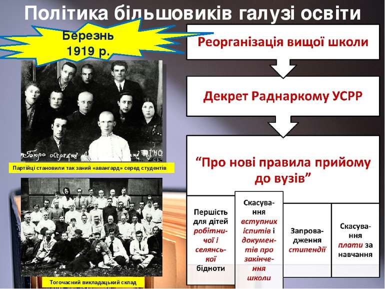 Політика більшовиків галузі освіти Березнь 1919 р. Партійці становили так зан...