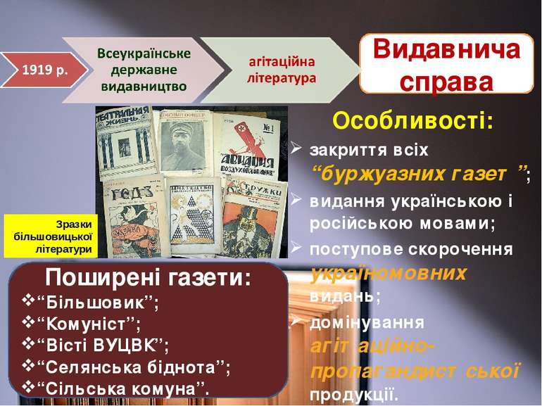 Особливості: закриття всіх “буржуазних газет”; видання українською і російськ...