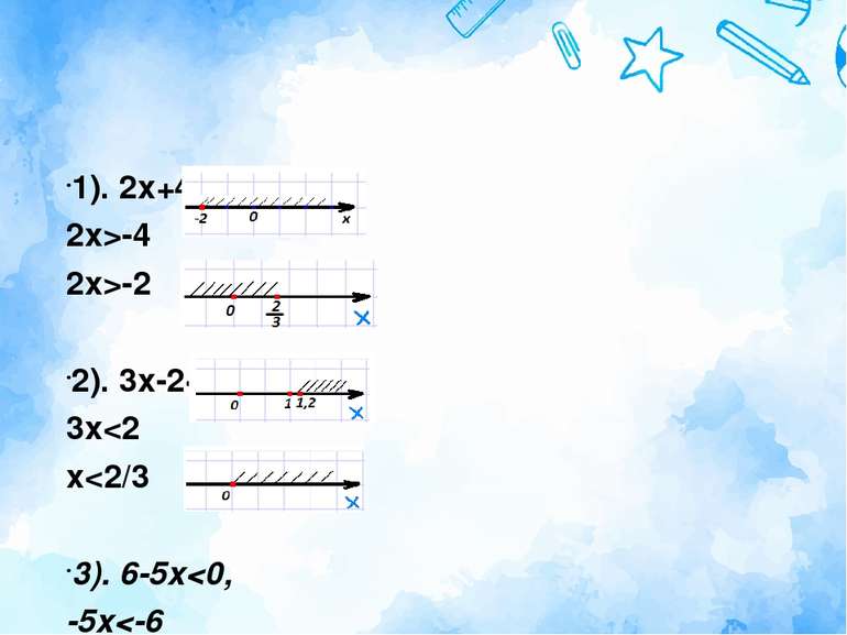 1). 2x+4>0 2x>-4 2x>-2 2). 3x-2