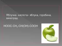 Яблучна кислота– яблука, горобина, виноград. HOOC-CH2-CH(OH)-COOH