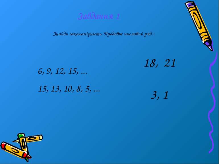 Завдання 1 Знайди закономірність. Продовж числовий ряд : 6, 9, 12, 15, ... 15...