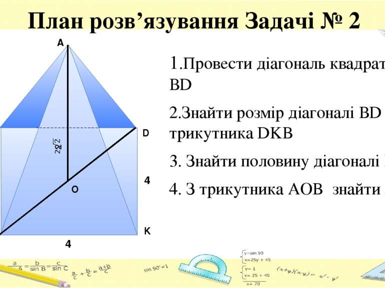 План розв’язування Задачі № 2 1.Провести діагональ квадрату ВD 2.Знайти розмі...