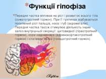 Функції гіпофіза Передня частка впливає на ріст і розвиток всього тіла (сомат...