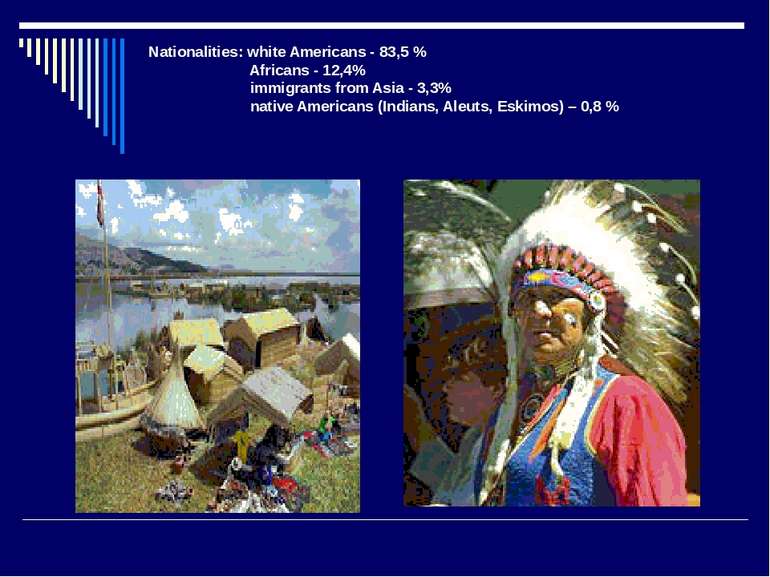 Nationalities: white Americans - 83,5 % Africans - 12,4% immigrants from Asia...