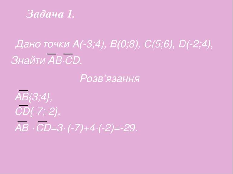 Дано точки А(-3;4), B(0;8), C(5;6), D(-2;4), Знайти АВ∙СD. Розв’язання АB{3;4...