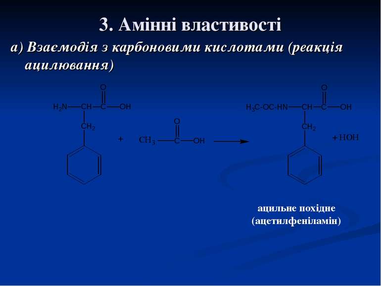 3. Амінні властивості а) Взаємодія з карбоновими кислотами (реакція ацилюванн...