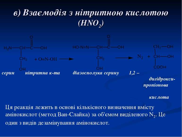 в) Взаємодія з нітритною кислотою (HNO2) серин нітритна к-та діазосполука сер...
