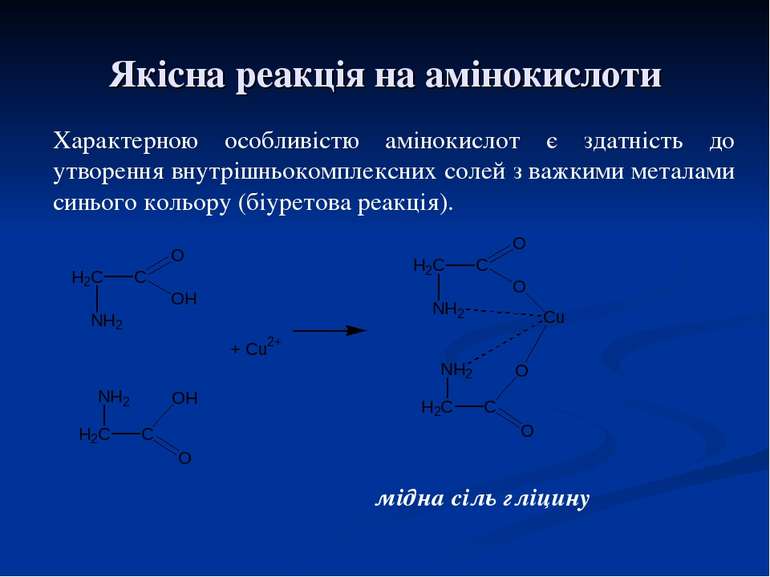 Якісна реакція на амінокислоти мідна сіль гліцину Характерною особливістю амі...
