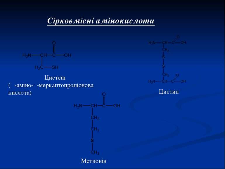 Сірковмісні амінокислоти Цистеїн (α-аміно-β-меркаптопропіонова кислота) Цисти...