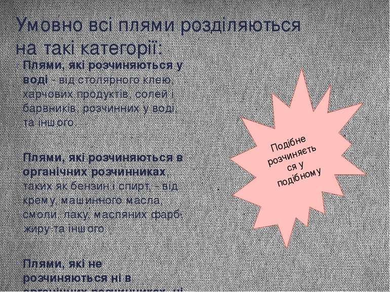 Умовно всі плями розділяються на такі категорії: Плями, які розчиняються у во...