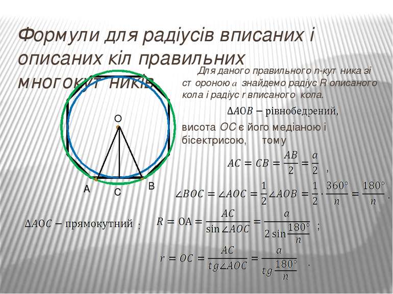 Формули для радіусів вписаних і описаних кіл правильних многокутників Для дан...