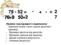 79 - 52 = 70 +9 50 +2 Прийом порозрядного віднімання: Замінюю кожне число сум...