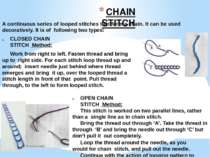 CHAIN STITCH A continuous series of looped stitches that form a chain. It can...