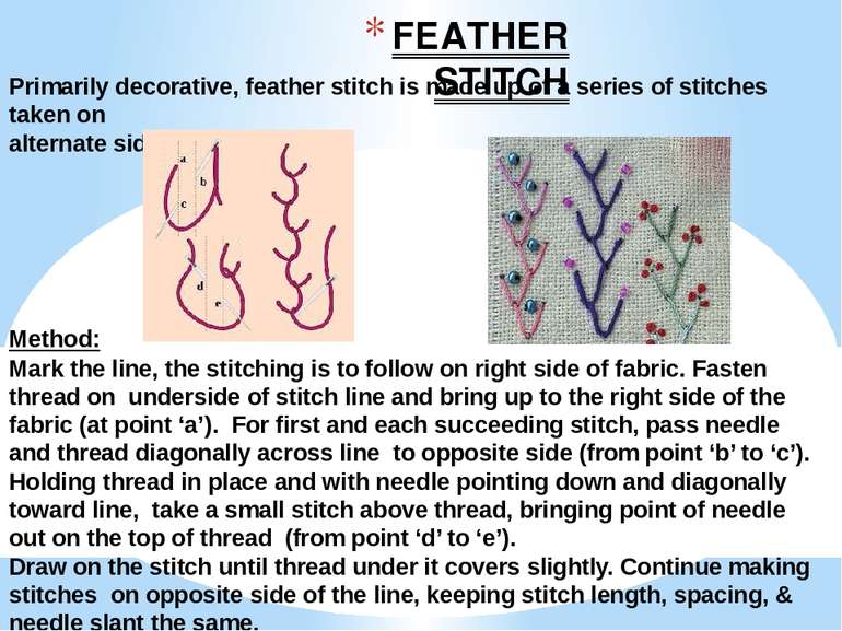 FEATHER STITCH Primarily decorative, feather stitch is made up of a series of...