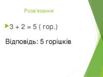 Розв’язання 3 + 2 = 5 ( гор.) Відповідь: 5 горішків