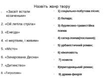 Назвіть жанр твору «Засвіт встали козаченьки» 2. «Ой летіла стріла» 3. «Енеїд...