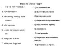 Назвіть жанр твору «Чи не той то хміль» 2. «Dе libertate» 3. «Всякому городу ...