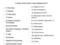 У якому творі основні події відбуваються? У Тополівці. У Харкові. У Семигорах...