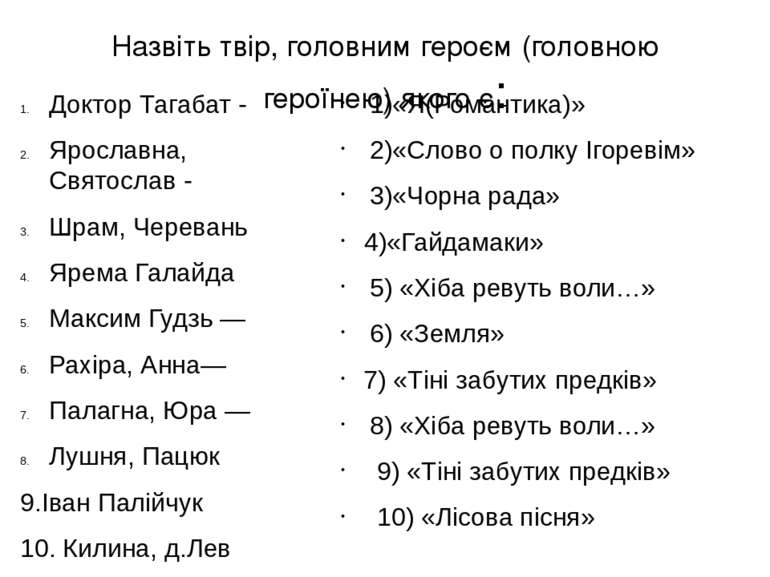 Назвіть твір, головним героєм (головною героїнею) якого є: Доктор Тагабат - Я...