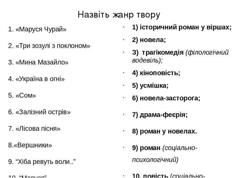 Назвіть жанр твору 1. «Маруся Чурай» 2. «Три зозулі з поклоном» 3. «Мина Маза...