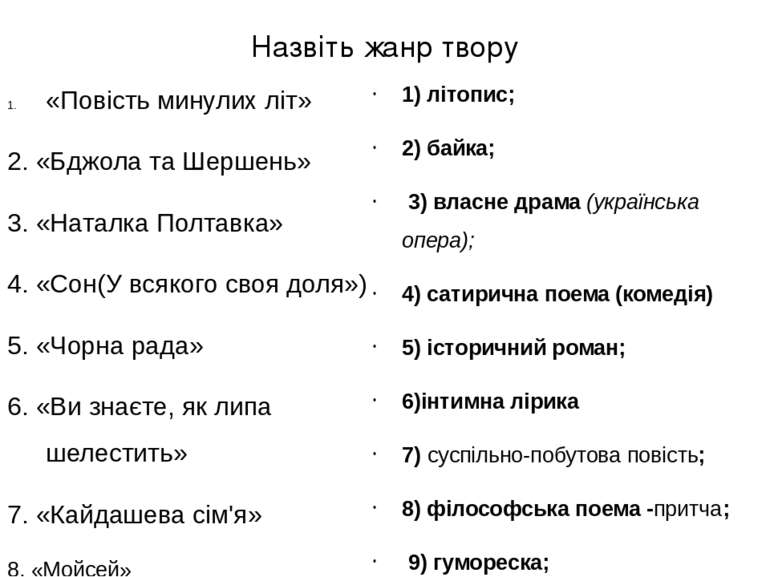 Назвіть жанр твору «Повість минулих літ» 2. «Бджола та Шершень» 3. «Наталка П...