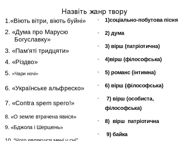 Назвіть жанр твору 1.«Віють вітри, віють буйні» 2. «Дума про Марусю Богуславк...