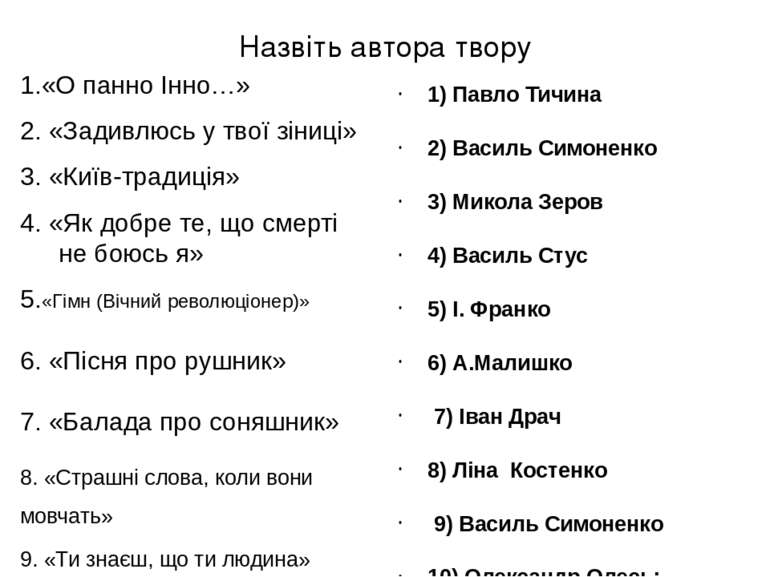 Назвіть автора твору 1.«О панно Інно…» 2. «Задивлюсь у твої зіниці» 3. «Київ-...