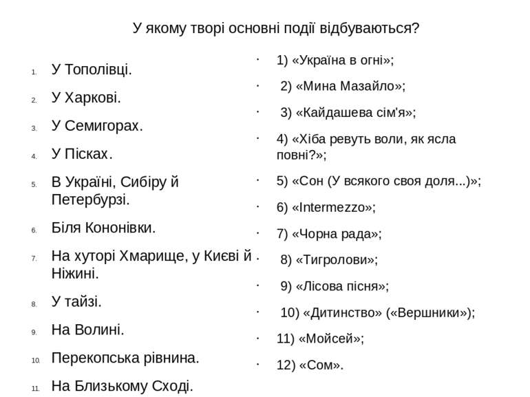 У якому творі основні події відбуваються? У Тополівці. У Харкові. У Семигорах...