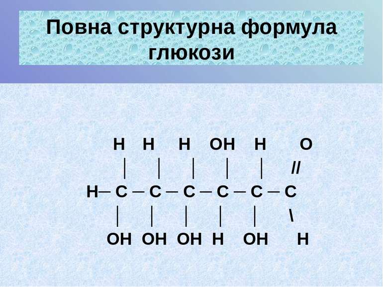 Повна структурна формула глюкози Н Н Н ОН Н О │ │ │ │ │ // Н─ С ─ С ─ С ─ С ─...