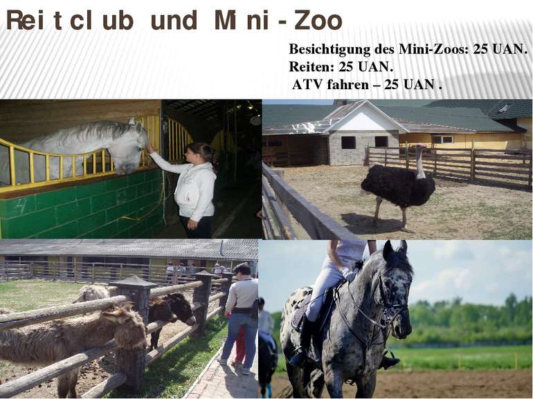 Reitclub und Mini-Zoo Besichtigung des Mini-Zoos: 25 UAN. Reiten: 25 UAN. ATV...