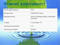 Фізичні властивості води Молекулярнаформула H2O Молярнамаса 18,01528(33) г/мо...
