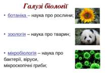 Галузі біології ботаніка – наука про рослини; зоологія – наука про тварин; мі...