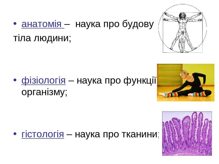 анатомія – наука про будову тіла людини; фізіологія – наука про функції орган...