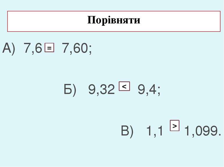 Порівняти А) 7,6 7,60; Б) 9,32 9,4; В) 1,1 1,099. = < >