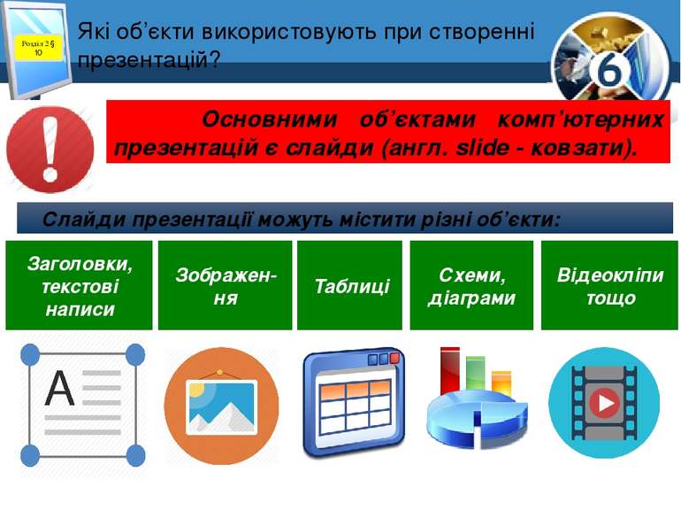 Які об’єкти використовують при створенні презентацій? Слайди презентації можу...