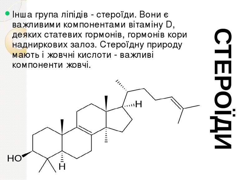 Інша група ліпідів - стероїди. Вони є важливими компонентами вітаміну D, деяк...