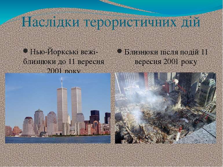 Наслідки терористичних дій Нью-Йоркські вежі-близнюки до 11 вересня 2001 року...