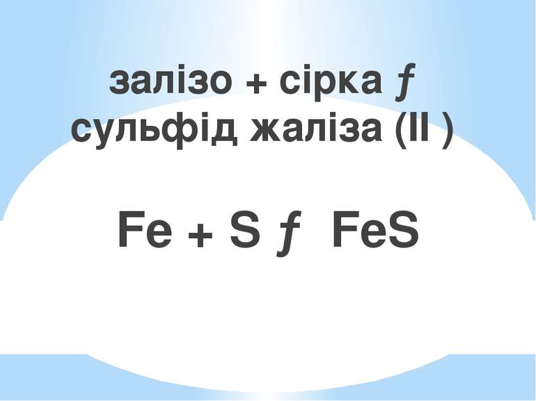 залізо + сірка → сульфід жаліза (II ) Fe + S → FeS