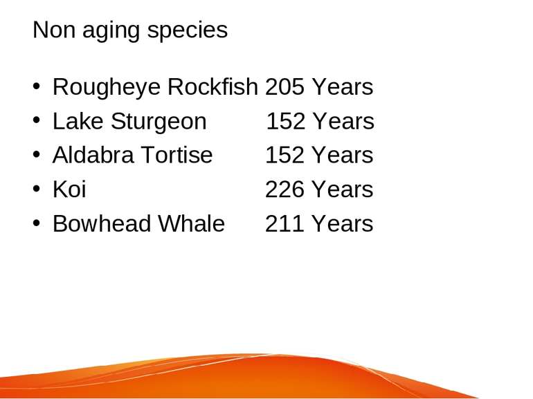Non aging species Rougheye Rockfish 205 Years Lake Sturgeon 152 Years Aldabra...