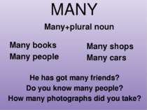 MANY Many+plural noun Many books Many people Many shops Many cars He has got ...