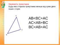 Нерівність трикутника Будь-яка сторона трикутника менша від суми двох інших с...