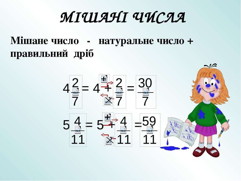 Мішане число - натуральне число + правильний дріб 4 = 4 + = 5 = 5 + = МІШАНІ ...