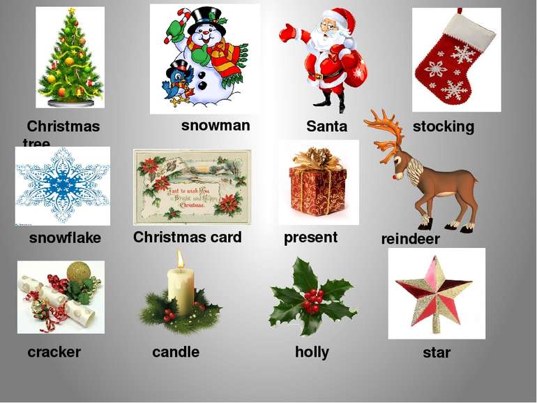 Christmas tree snowman Santa stocking snowflake Christmas card present reinde...